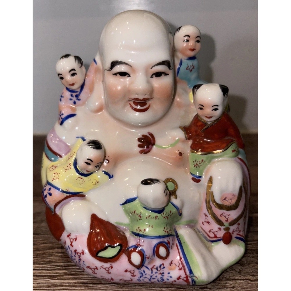 Vintage Chinese Famille Rose Porcelain Happy Buddha With 5 Children
